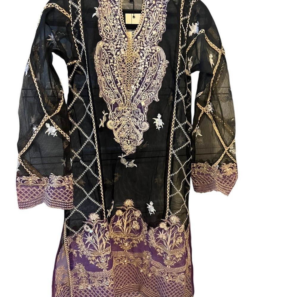 IDEAS Luxury Pret Embroidered Sheer Kurta | Black & Purple Khaadi Net | Small